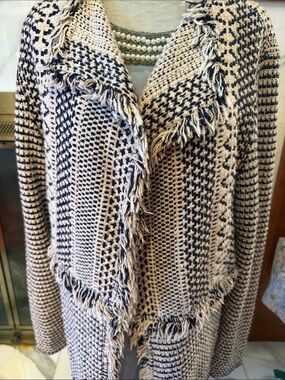 Chico's Black and Cream Fringe Open-Front Knit Cardigan